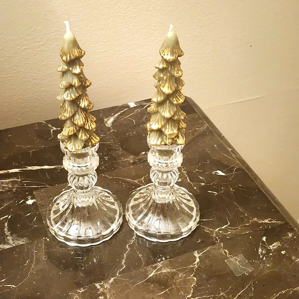 Christmas Tree Candles with Glass Candle Holders Set